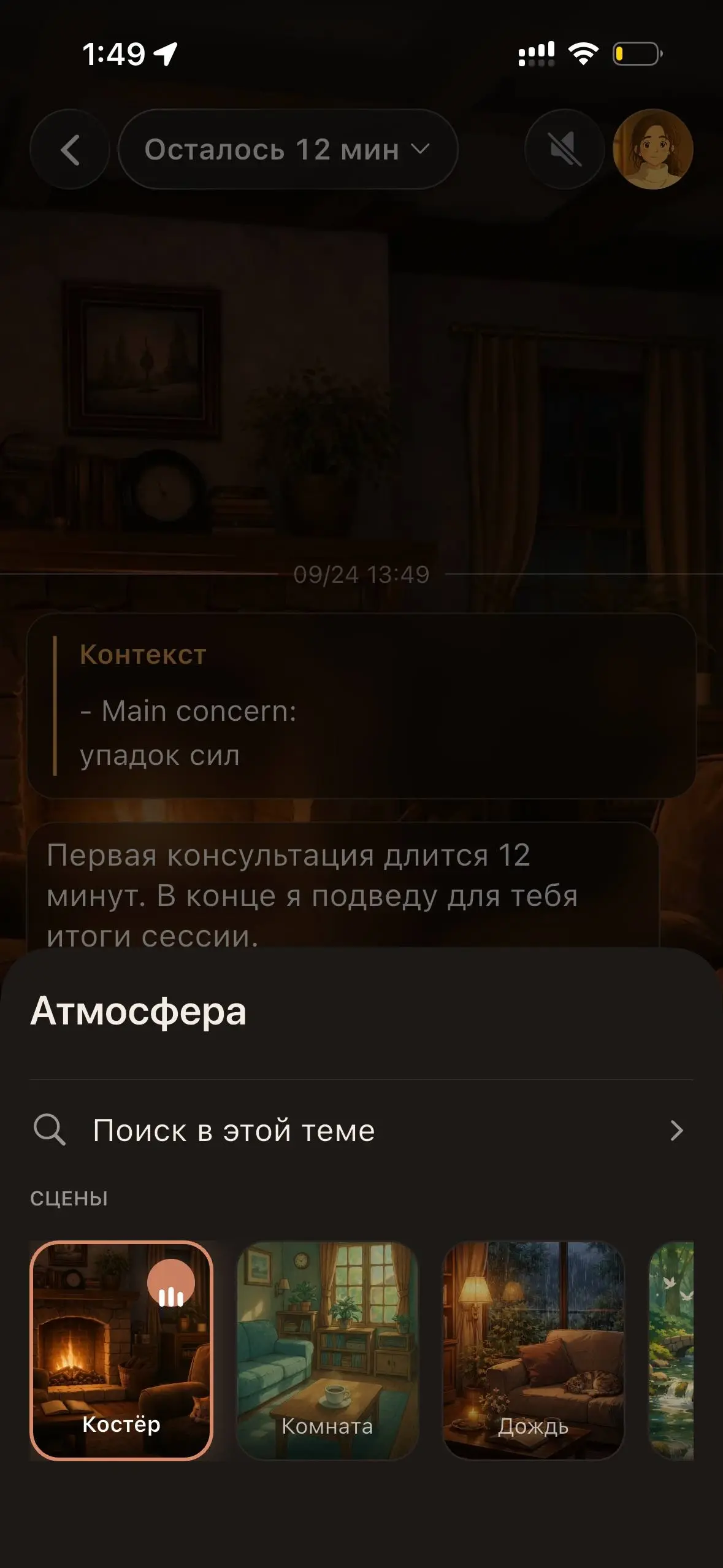 Выбор атмосферы сеанса: костёр, комната, дождь