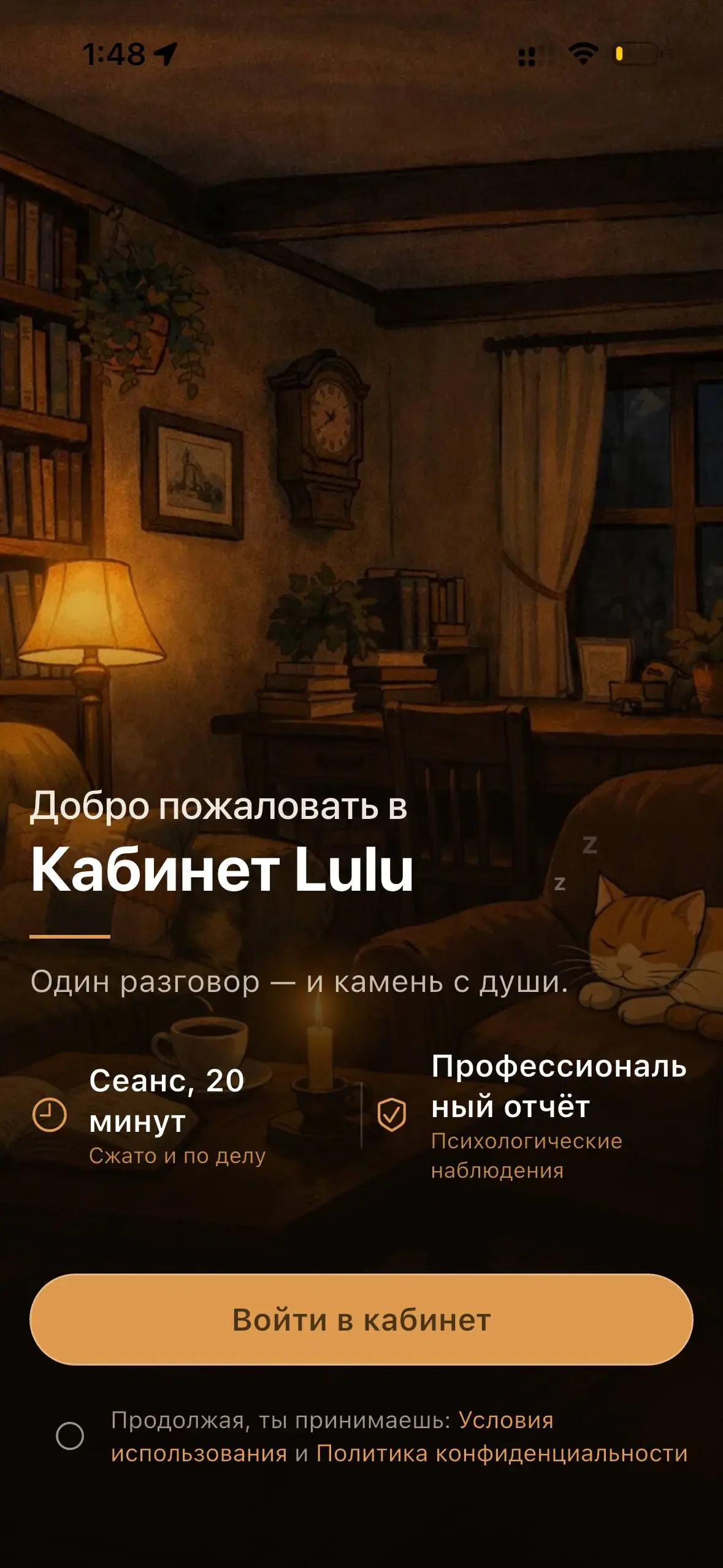 Экран входа: «Добро пожаловать в Кабинет Lulu. Один разговор — и камень с души»